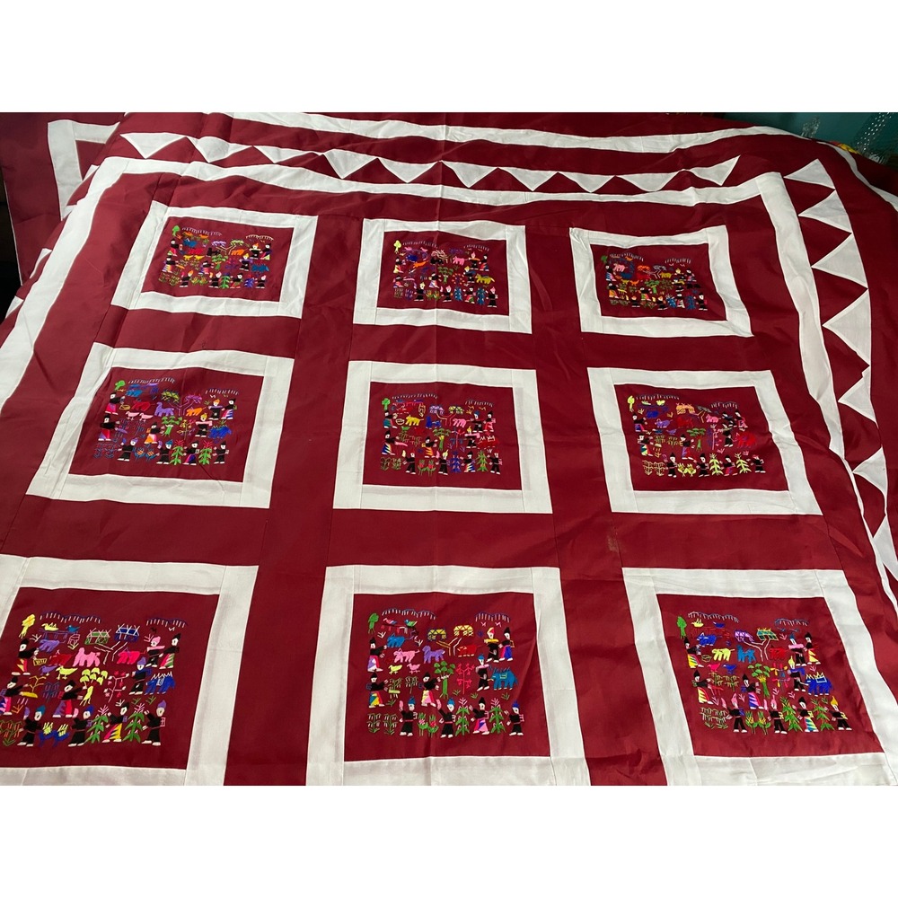 Handmade Hmong Story Cloth Quilt Red Embroidered Folk Art Bedspread 88"x164"
